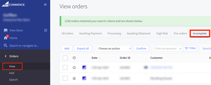 Screenshot showing where Incomplete orders show in BigCommerce.
